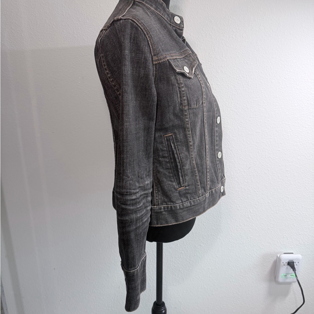 GAP Stretch Denim Jacket Dark Wash Band Collar Trucker Jacket Size M Y2K - Picture 4 of 6